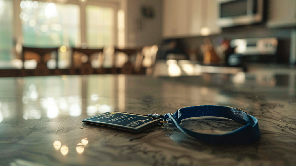 Agency ID badge on blue lanyard resting on a home kitchen counter illustrating the disconnection felt in toxic workplace mental health environments