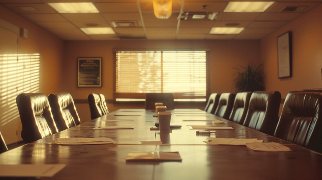 Empty agency conference room at end of day with abandoned coffee cup and papers illustrating toxic workplace mental health leadership dynamics