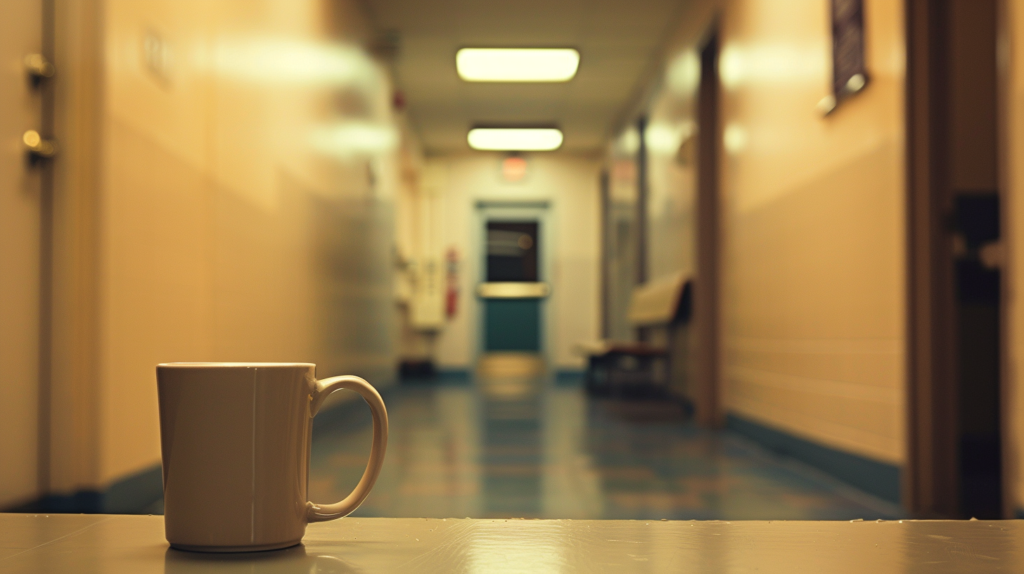 Single coffee mug on a counter at the edge of an empty institutional hallway illustrating boundaries in a toxic workplace mental health setting