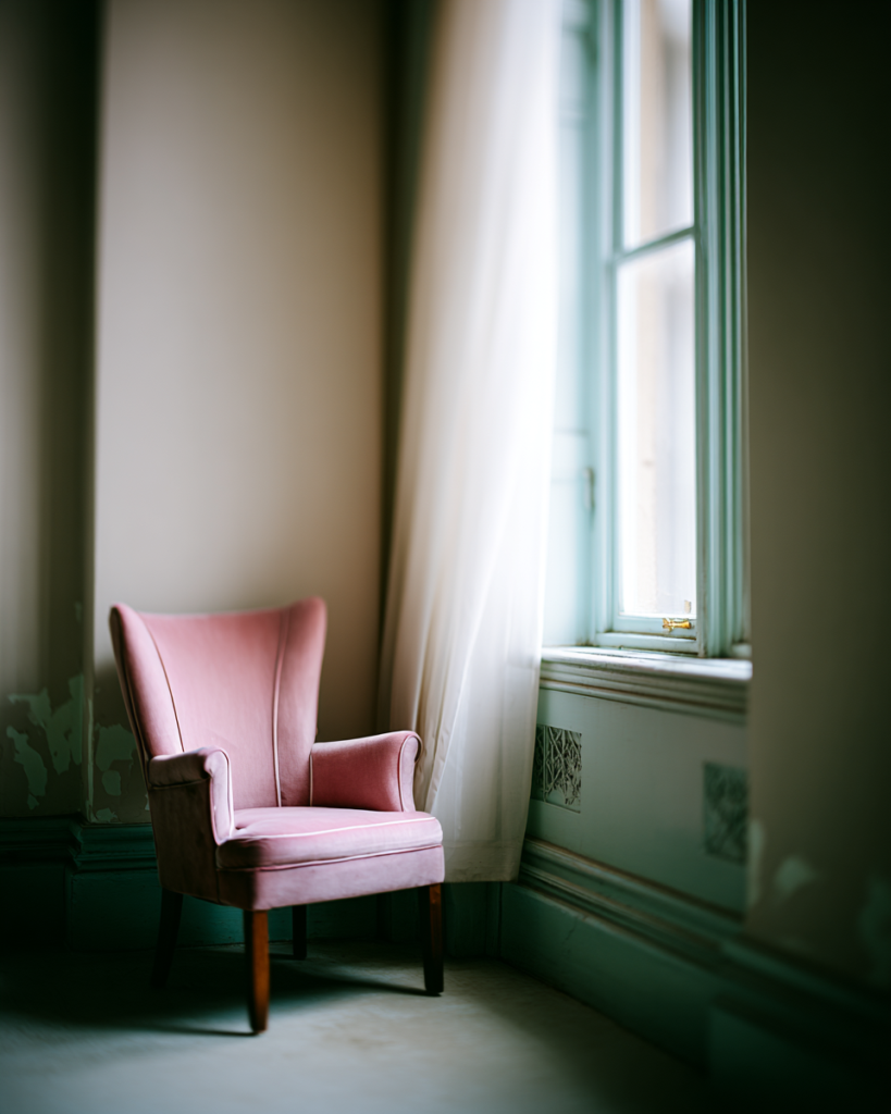 A single empty dusty rose chair beside a window with a sheer curtain in a quiet room soft daylight evoking the presence and waiting of sitting with someone in crisis