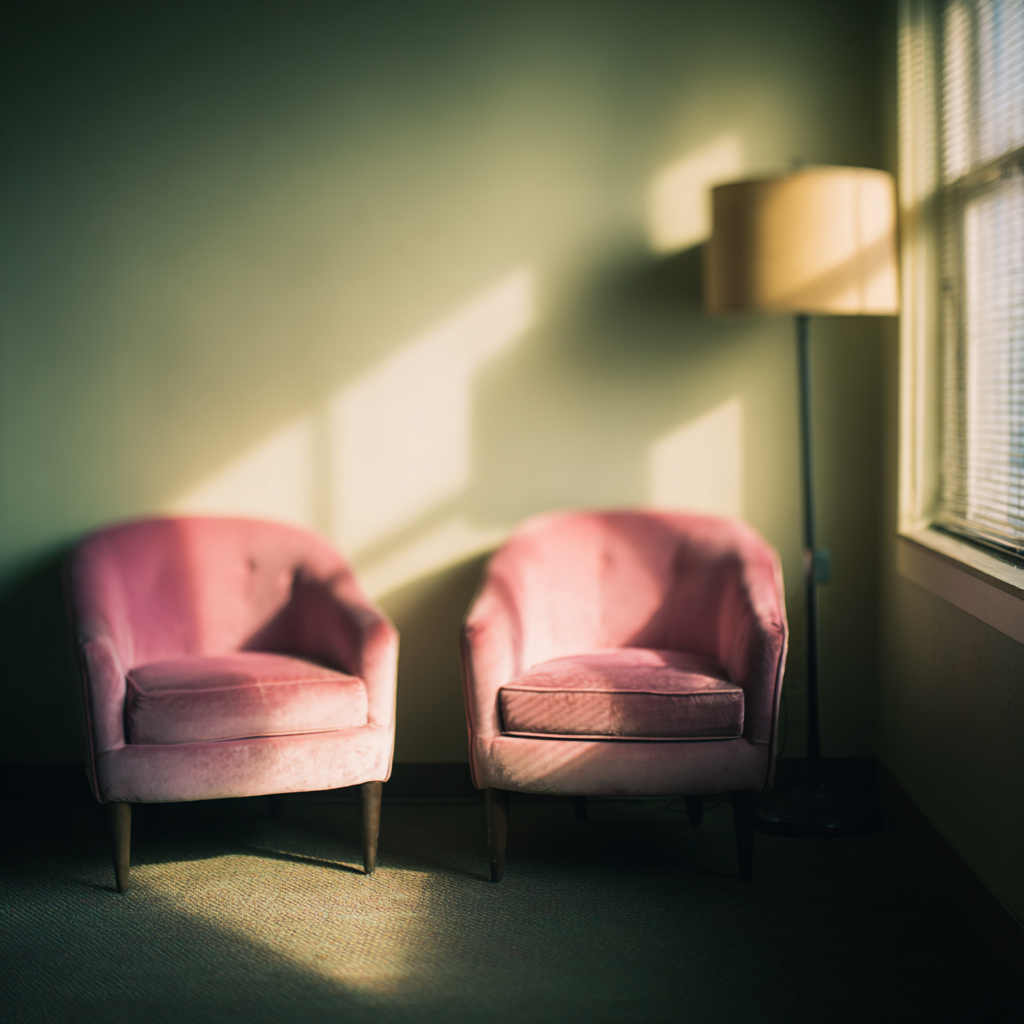 Two empty dusty rose armchairs facing each other in a quiet therapy office lit by warm golden light through window blinds and a single lamp evoking the weight of sitting with a client through a difficult conversation